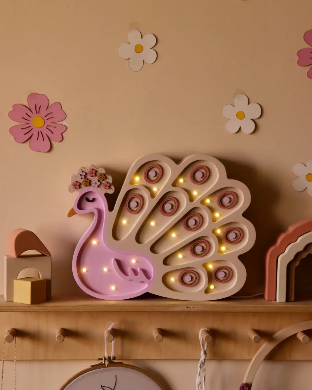 Peacock | Wooden LED Night Light for Kids (Pink)