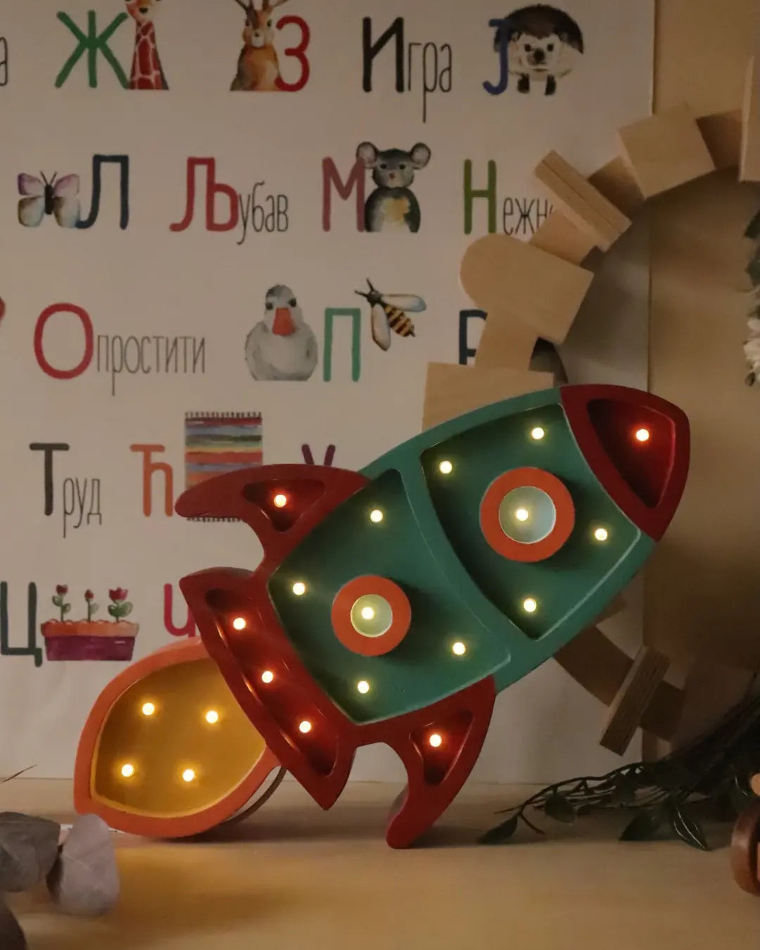 Rocket | Wooden LED Night Light (Turquoise-Red)
