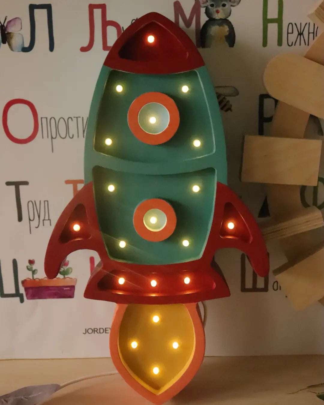 Rocket | Wooden LED Night Light (Turquoise-Red)