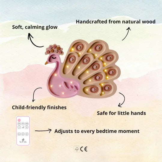 Peacock | Wooden LED Night Light for Kids (Pink)